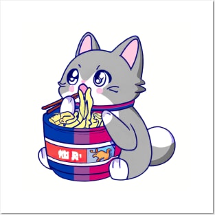 Bisexual Flag Anime Kawaii Kitty Cat w/ Ramen Noodles LGBT Posters and Art